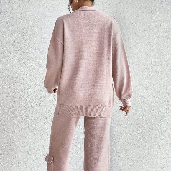 Pink Casual Womens Drop Shoulder Cardigan & Tie Front Knit Pants - Picture 2 of 6